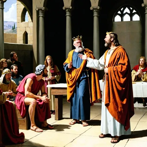 Prompt: PROPHET NATHAN SPEAKS TO KING DAVID AT THE COURT AND A TITLE THAT SAYS: "THOU ART THE MAN"