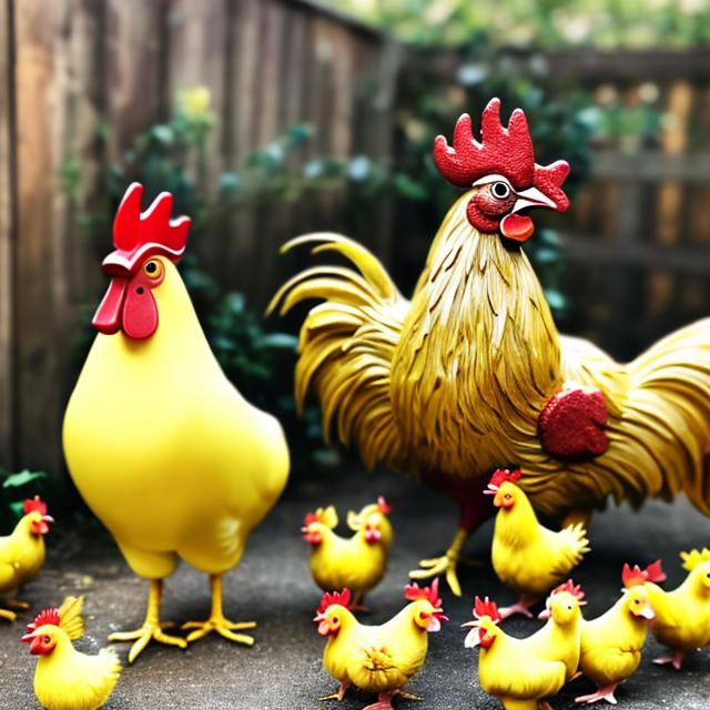 Prompt: A rooster, a Hen, surrounded by little yellow chickens