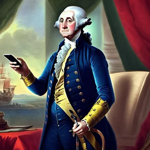 Prompt: George washington speaking on his cell phone
