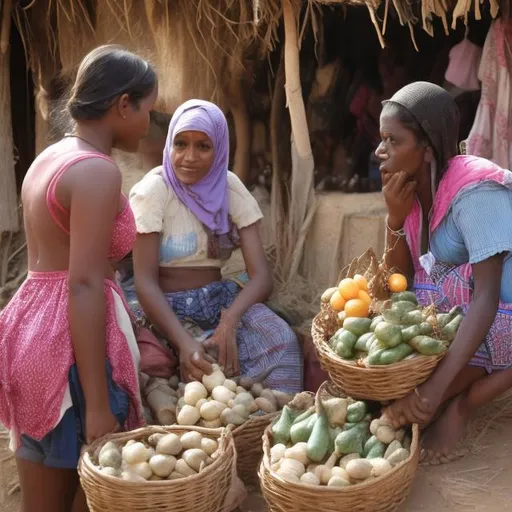 Prompt: a country woman selling rabitts to other people