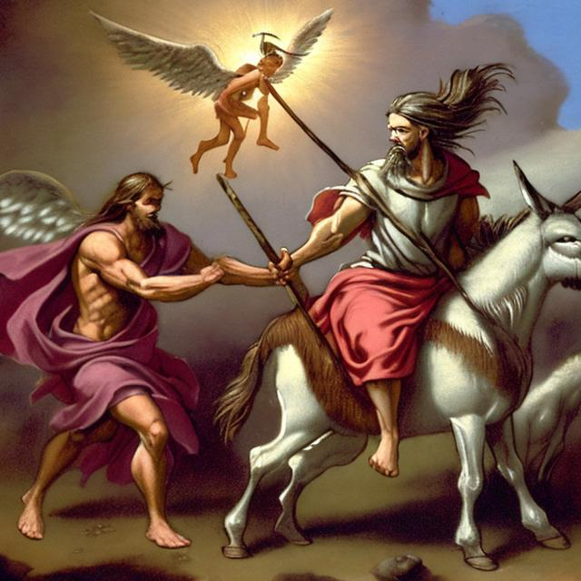 Prompt: PROPHET BALAAM HITS HIS TIRED DONKEY WITH A STICK AND THE ANGEL WITH A SWORD IN THE MIDDLE OF THE WAY