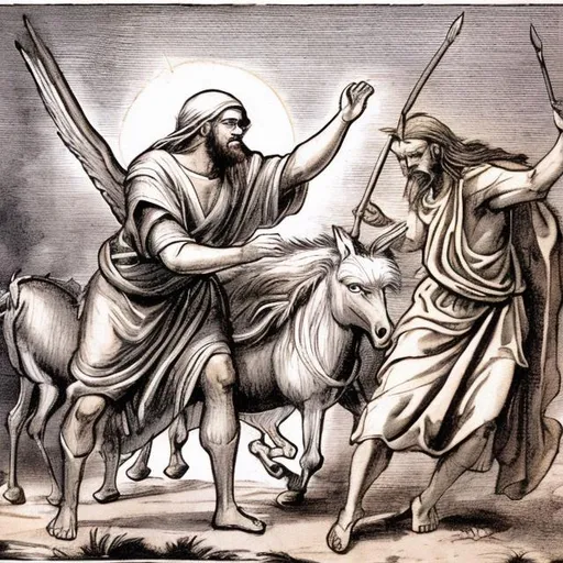 Prompt: PROPHET BALAAM HITS HIS TIRED DONKEY WITH A STICK AND THE ANGEL WITH A SWORD IN THE MIDDLE OF THE WAY