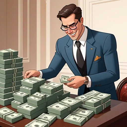 Prompt: animated cartoon pic of rich guy having lots of money and donating and serving the society

