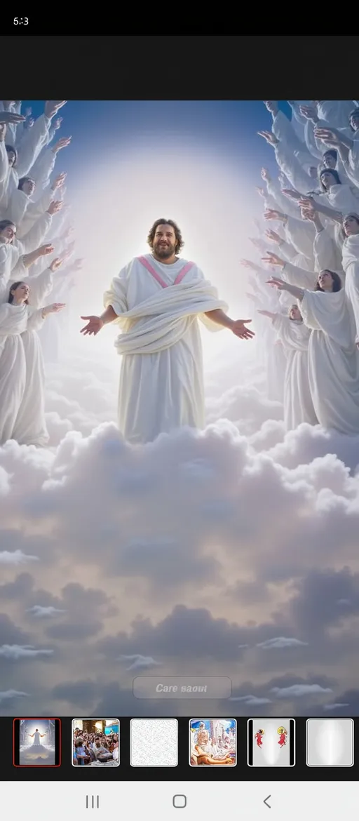 Prompt: Radiating a divine aura, a central figure wearing a flowing white robe and a pink sash extends his arms in a welcoming gesture, embodying tranquility and authority amidst a celestial scene. He stands atop fluffy, white clouds, bathed in a bright light that enhances the ethereal quality of the moment. Surrounding him, a multitude of angelic figures, also clad in white robes, are positioned in the background, some raised their trumpets as if heralding a significant event. The backdrop features a soft gradient of blues and whites, suggesting both serenity and a heavenly atmosphere. This composition conveys a sense of peace and spiritual elevation, emphasizing themes of hope and divine presence.
