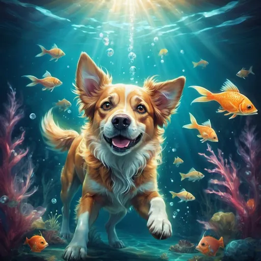 Prompt: Fantasy illustration of a playful dog, vibrant and magical underwater world, whimsical color tones, detailed fur with magical glow, curious expression, large and lively fish, sparkling water with ethereal light, high quality, fantasy, magical, vibrant, underwater, detailed fur, whimsical, playful, curious expression, ethereal lighting