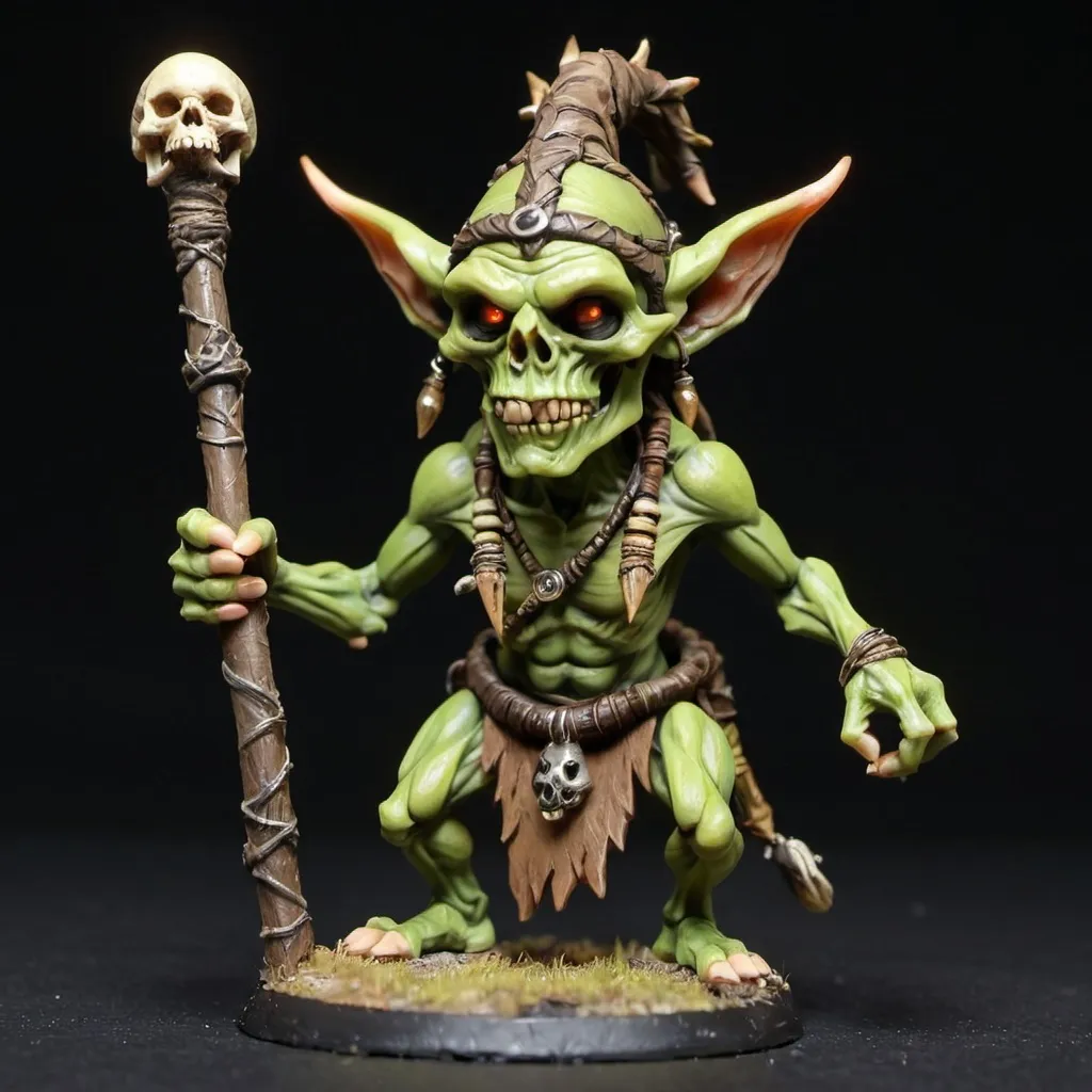 Prompt: Goblin shaman with a staff with a skull on the tip