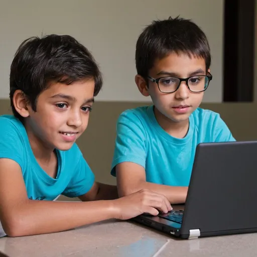 Prompt: two kids studying together with a laptop computer