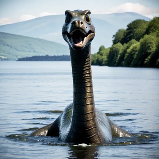 Prompt: loch ness monster its so tall big creepy scary looking at angle his head looking at middle