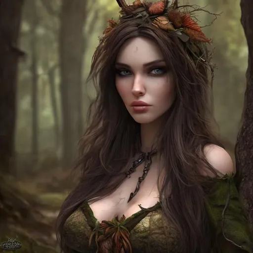 Prompt: very attractive brunette woman, high fiction realistic style, forest witch with rot focus