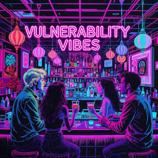 Prompt: A 1980s synthwave bar scene with 3 people facing the bar talking to one another. two of them are doing a cheers with their drinks. the full bar should be seen as if in a void all by itself. line drawing with neon colors, cartoonish illustration. the title of the bar is 'vulnerability vibes'. simple illustration, less details. use a diverse cast of people. Design should be made for screen printing onto fabric