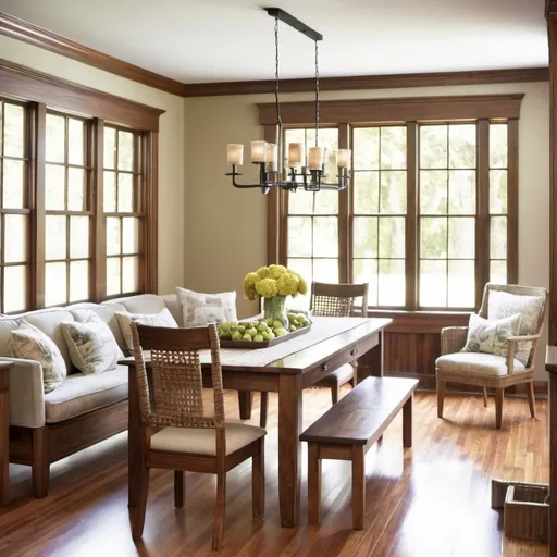 Prompt: Dining room, couch at table, cottage, window, walnut, hardwood flooring, 