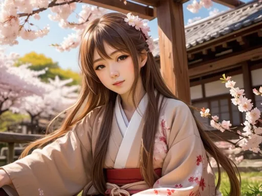 Prompt: A beautiful anime girl sitting in a peaceful garden with cherry blossoms around her. Sunlight is streaming through the trees, casting a warm glow on her face. She has long brown hair and is wearing traditional Japanese clothing. The background features a wooden structure and blooming flowers, creating a serene and enchanting atmosphere.