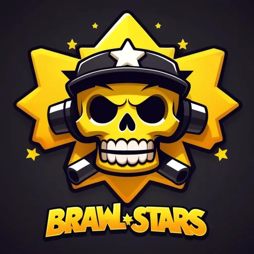 Prompt: Logo with the name brawl stars with a cool yellow themed background and a star combine skull that is smiling