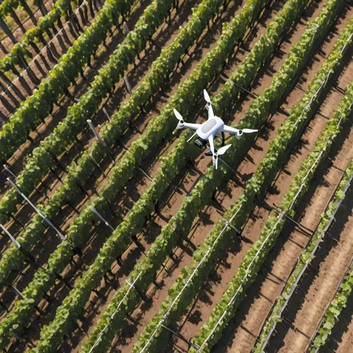 Prompt: I would like you to create me an image in which a drone equipped with a multispectral camea flies over a vineyard with a counter espalier