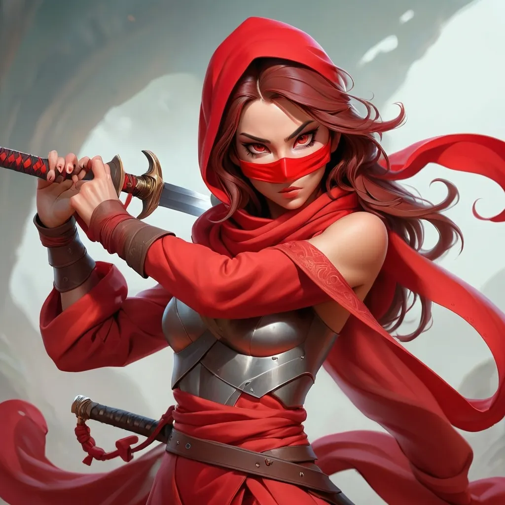 Prompt: a woman in a red outfit holding a sword and wearing a red mask and holding a red scarf over her head, Artgerm, fantasy art, epic fantasy character art, a character portrait