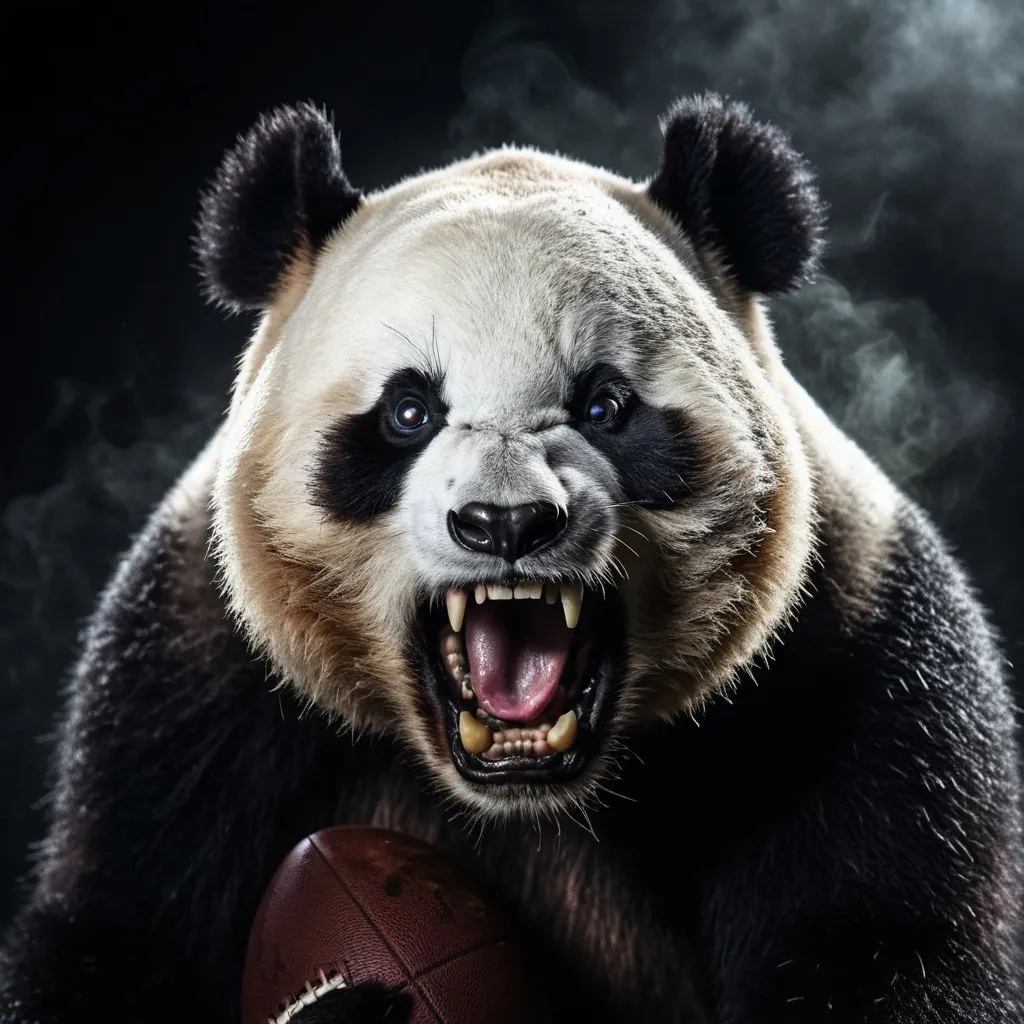 Prompt: Scary panda ripping up an American football, baring its teeth and sneering at the camera