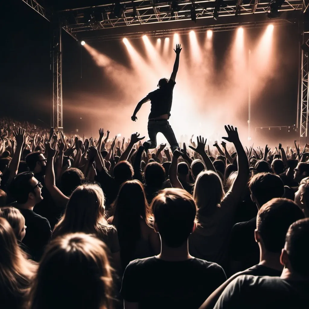 Prompt: concert crowd jumping up and down
able to see stage
