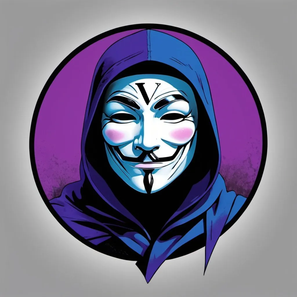 Prompt: Create alot of v for vandetta pictures , with color blue and purple , and some logo called solv