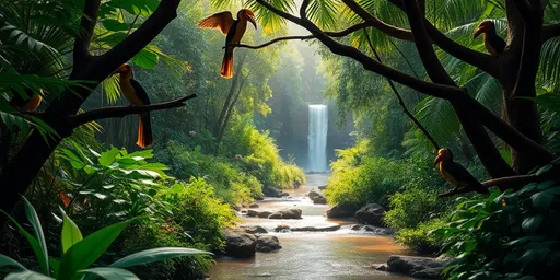 Prompt: (tropical rainforest), lush greenery, vibrant colors, (stream flowing) gently through the center, (hornbills perched) on tree branches, dappled sunlight filtering through the canopy, vivid foliage, tranquil and serene ambiance, rich textures of leaves and bark, (high quality) 4K, ultra-detailed nature scene, immersive and captivating atmosphere. Waterfall in the distance. Light colours.