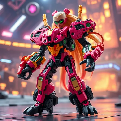 Prompt: (Barbie Bionicle battle machine), futuristic design, vibrant colors, high-tech interface, detailed mechanical limbs, dramatic poses, mid-action stance, uniquely styled accessories, background depicting a sci-fi arena, glowing light effects, dynamic composition, ultra-detailed, cinematic atmosphere, whimsical yet fierce tone.