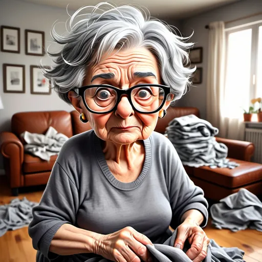 Prompt: LITTLE OLD LADY SHORT GRAY HAIR  FUNNY CARTOON MESSY CLOTHS IN A MESSY LIVING ROOM WITH GLASSES