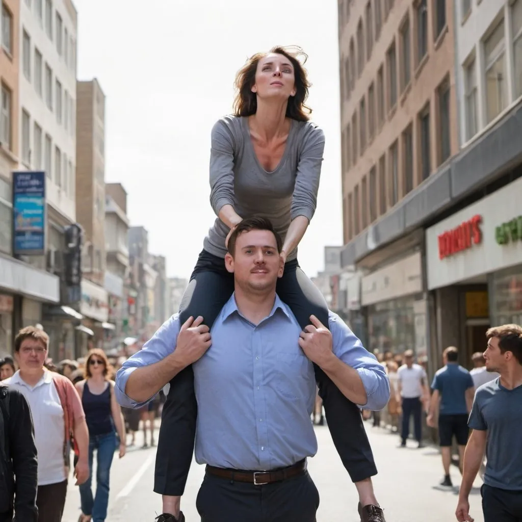 A tall woman lifts a short male man on her shoulders...