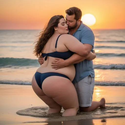 Prompt: In a romantic beach, at the time of the sunset, plus sized lady meets a short guy and they get attracted spontaneously leading the lady to lift the guy in her arms in cradle position and kiss him.