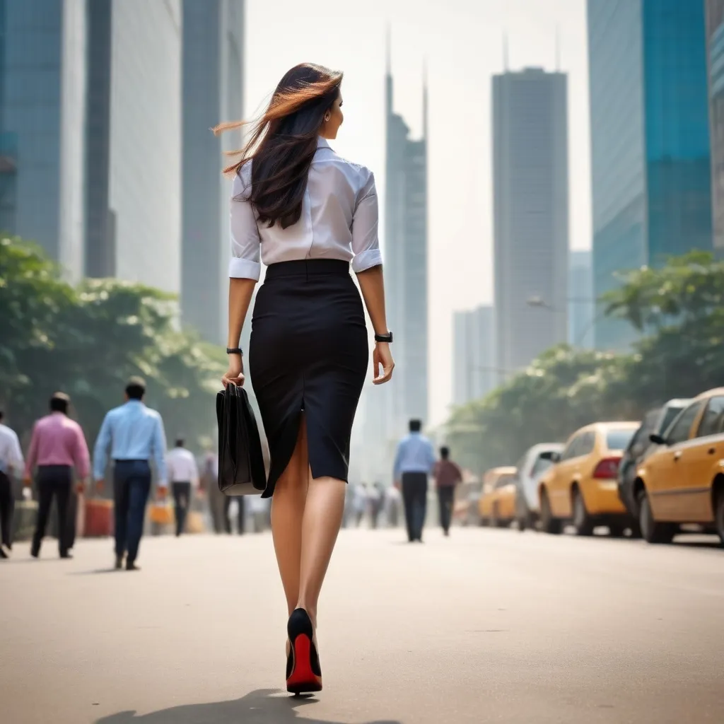 Prompt: A lady walking to a corporate ofc in a black skirt and heels in a rush among similar people all around. The frame should be a back shot. The environment should one of the very busy Indian cities.