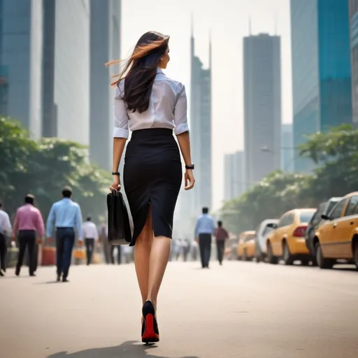 Prompt: A lady walking to a corporate ofc in a black skirt and heels in a rush among similar people all around. The frame should be a back shot. The environment should one of the very busy Indian cities.