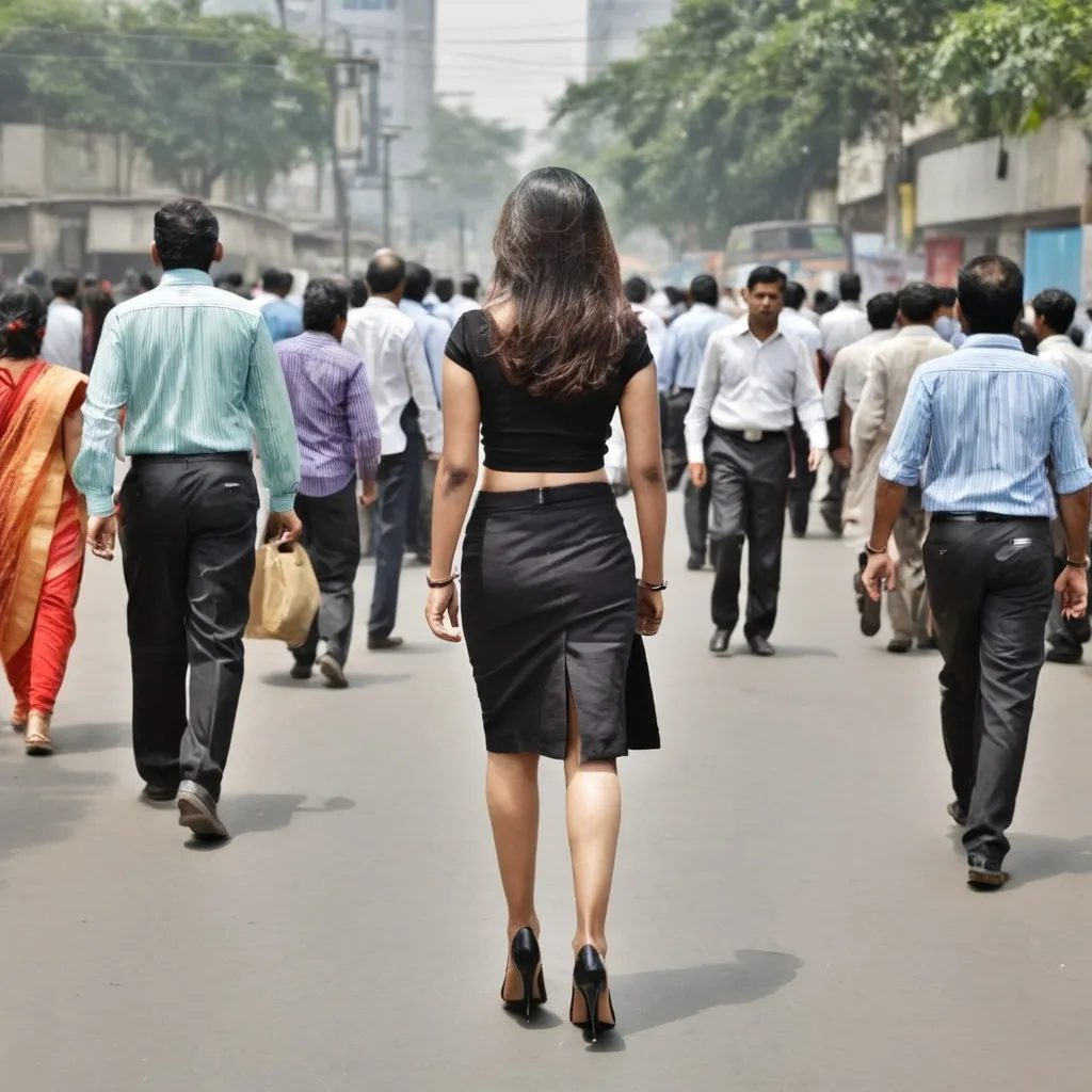 Prompt: A lady walking to a corporate ofc in a black skirt and heels in a rush among similar people all around. The frame should be a back shot. The environment should one of the very busy Indian cities.