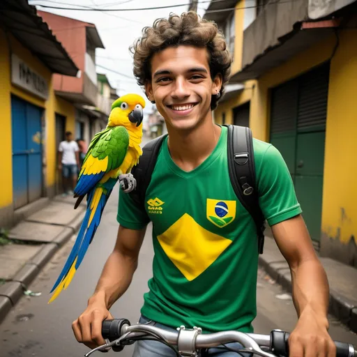 Prompt: I wanted a young man in his 20s from Brazil, wearing characteristic Brazilian clothes in green and yellow, with a sports bike and a parrot on his shoulder and the favela behind him, with a smile on his face.