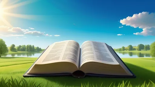 Prompt: an open Bible on a green field next to a lake and a green field with trees, Art and Language, art and language, bible book illustration, open on Genesis 1