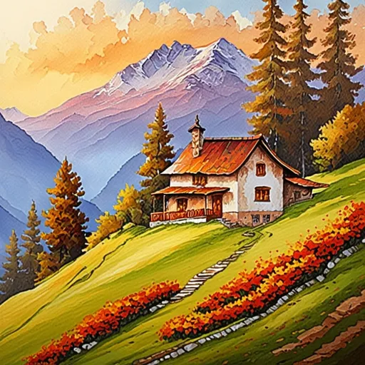 Prompt: Beautiful house on a mountain, traditional painting, vibrant colors, breathtaking landscape, high quality, traditional art style, warm tones, natural lighting