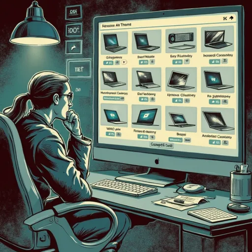 Prompt: create an image of someone sitting at their desk, looking at a their computer screen. On their screen are dozens of laptops that they are trying to decide which one to buy. use the image below as guidance


