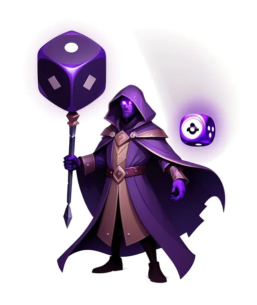 Prompt: a stylized character with a dice and a sword in his hand, with a glowing face and a purple cloak, Cedric Seaut (Keos Masons), sots art, arcane, vector art