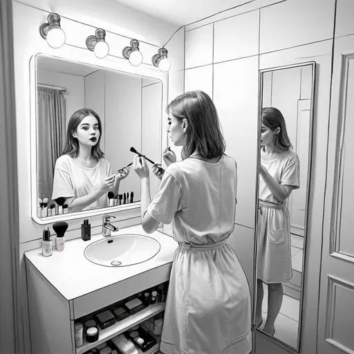 Prompt: in bathroom girl makeup in front of the mirror cabinet line sketch