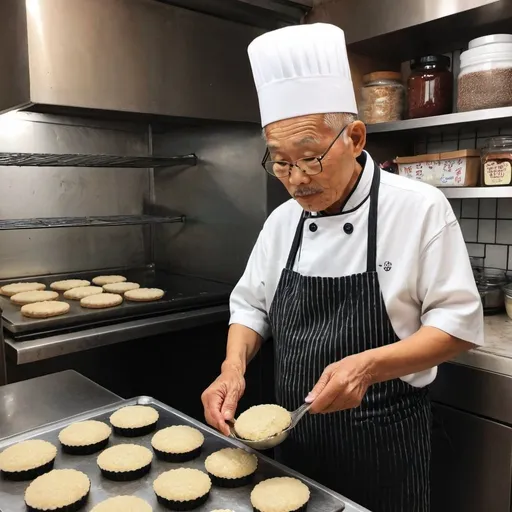 Prompt: Chinese  Grandpa is baking black sesamme Tao Sar in cozy bakeshop