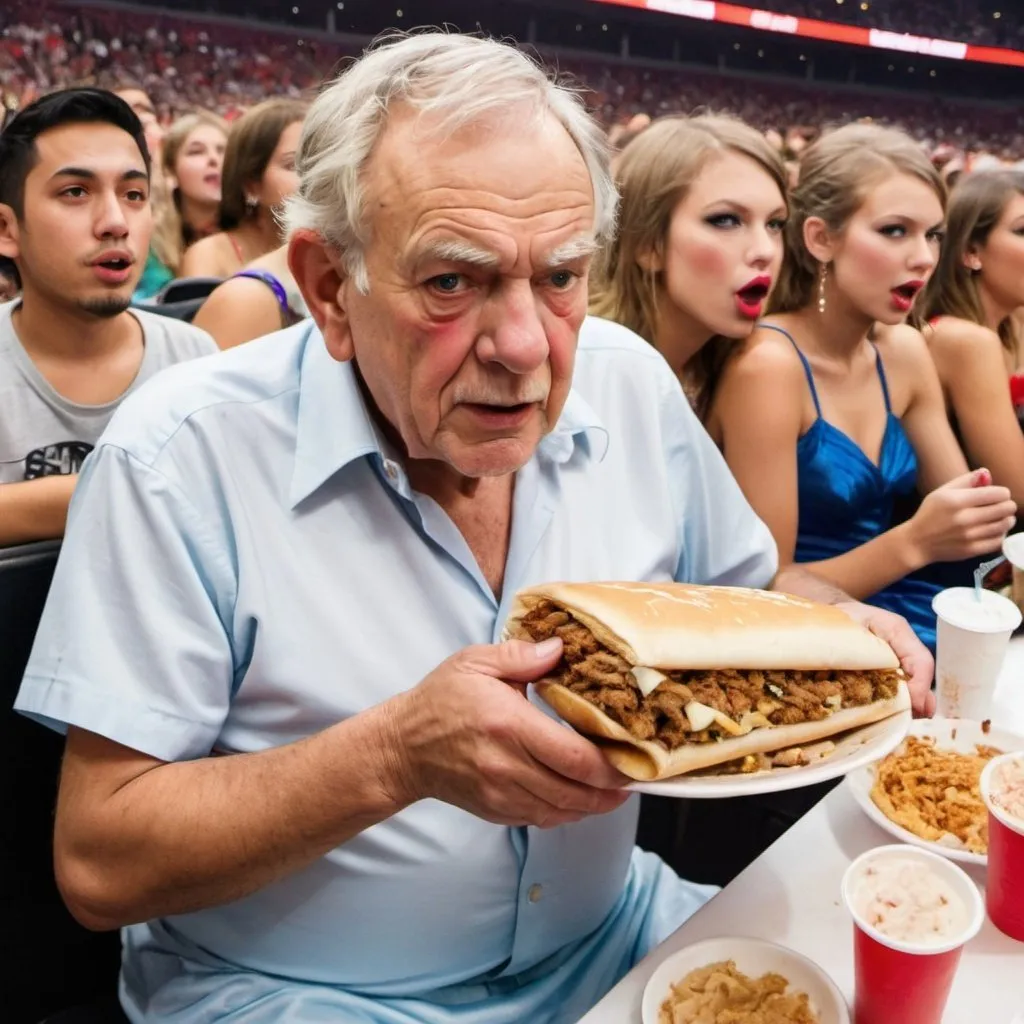 an old man that eats a shawarma as big as him dresse...