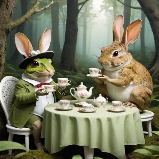 Prompt: a toad and an elegant rabbit having a tea party in a whimsical forest

