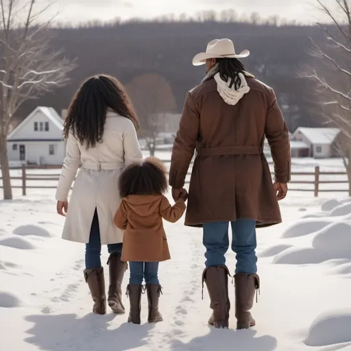 Prompt: (Extremely tall and muscular mixed race cowboy dad with long brown coily hair in a ponytail and short African American mother with very long curly black hair and toddler daughter African American with very long curly brown hair), facing backwards looking straight and walking away together in snow, wearing big winter coats and sturdy boots, cute town atmosphere, soft white snowflakes gently falling, scenic winter landscape background, crisp air enhancing the wintry scene, bright lighting filtering through the clouds and snowy trees, (high detail, 4K, family, heartwarming) town vibes