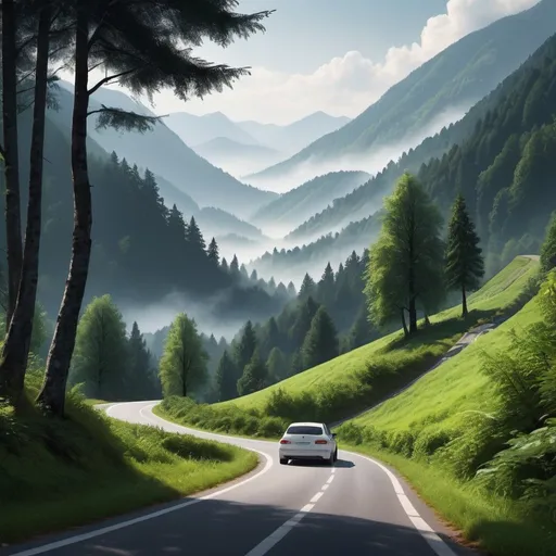 Prompt: Black forest landscape with towering mountains, winding road leading to a white car, rich green foliage, misty atmosphere, high quality, realistic, natural lighting, scenic, detailed trees, mountainous terrain, serene ambiance
