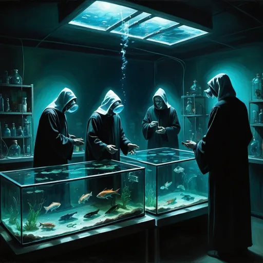 Prompt: Fish cult in indoor lab, oil painting, eerie atmosphere, dark and mysterious, cult members in robes conducting ritual, bioluminescent fish tanks, scientific equipment, dim and unsettling lighting, high contrast, oil painting, eerie, mysterious, cult members, bioluminescent, fish tanks, scientific equipment, dim lighting, high contrast