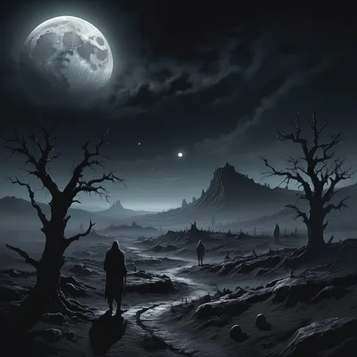 Prompt: Detailed digital painting of a haunting, dark moon, eerie glow illuminating a desolate landscape, ominous shadowy figures, misty atmosphere, high contrast, detailed craters, ominous, eerie, haunting, desolate, digital painting, high contrast, misty, detailed craters, ominous shadowy figures, moonlit landscape, atmospheric lighting