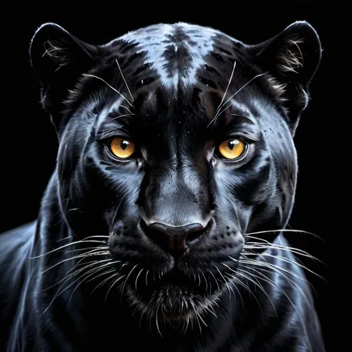 Prompt: Close-up painting of a fierce black panther, intense and glowing eyes, pitch-black background, high quality, detailed fur, vibrant eyes, oil painting, dark tones, animal portrait, dramatic lighting