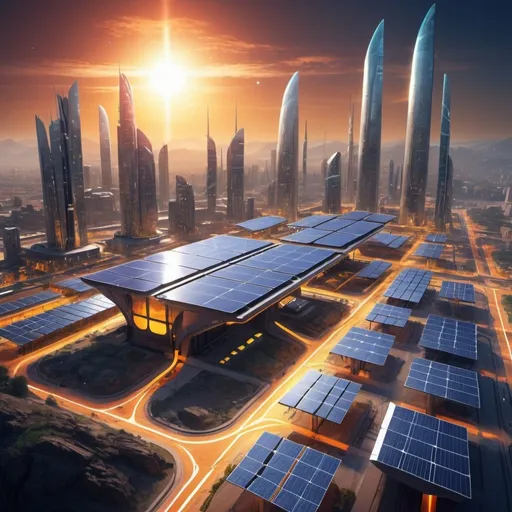 Prompt: Futuristic sci-fi art depicting advanced civilization harnessing solar energy, sleek and innovative technology, vibrant solar panels covering city structures, futuristic urban landscape, high-tech solar-powered infrastructure, clean and renewable energy, 4k, ultra-detailed, futuristic, sci-fi, sleek design, vibrant colors, high-tech, clean energy, solar panels, advanced civilization, innovative technology, urban landscape, renewable energy, atmospheric lighting