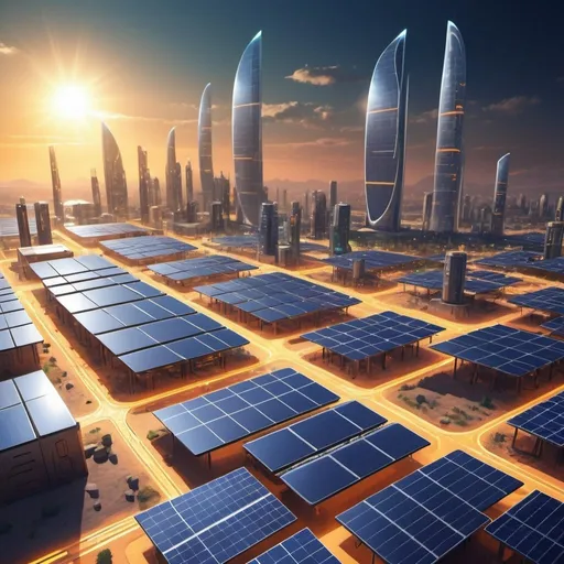 Prompt: Futuristic sci-fi art depicting advanced civilization harnessing solar energy, sleek and innovative technology, vibrant solar panels covering city structures, futuristic urban landscape, high-tech solar-powered infrastructure, clean and renewable energy, 4k, ultra-detailed, futuristic, sci-fi, sleek design, vibrant colors, high-tech, clean energy, solar panels, advanced civilization, innovative technology, urban landscape, renewable energy, atmospheric lighting