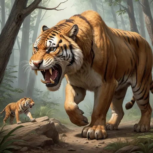 Prompt: While we can't truly know the personality of extinct animals, scientists believe saber-toothed tigers, such as Smilodon, were likely solitary hunters. Their large canines suggest a preference for ambushing and overpowering prey. These creatures were adapted for a specific hunting style, and their behaviors were likely influenced by the challenges of their environment during the Pleistocene epoch.