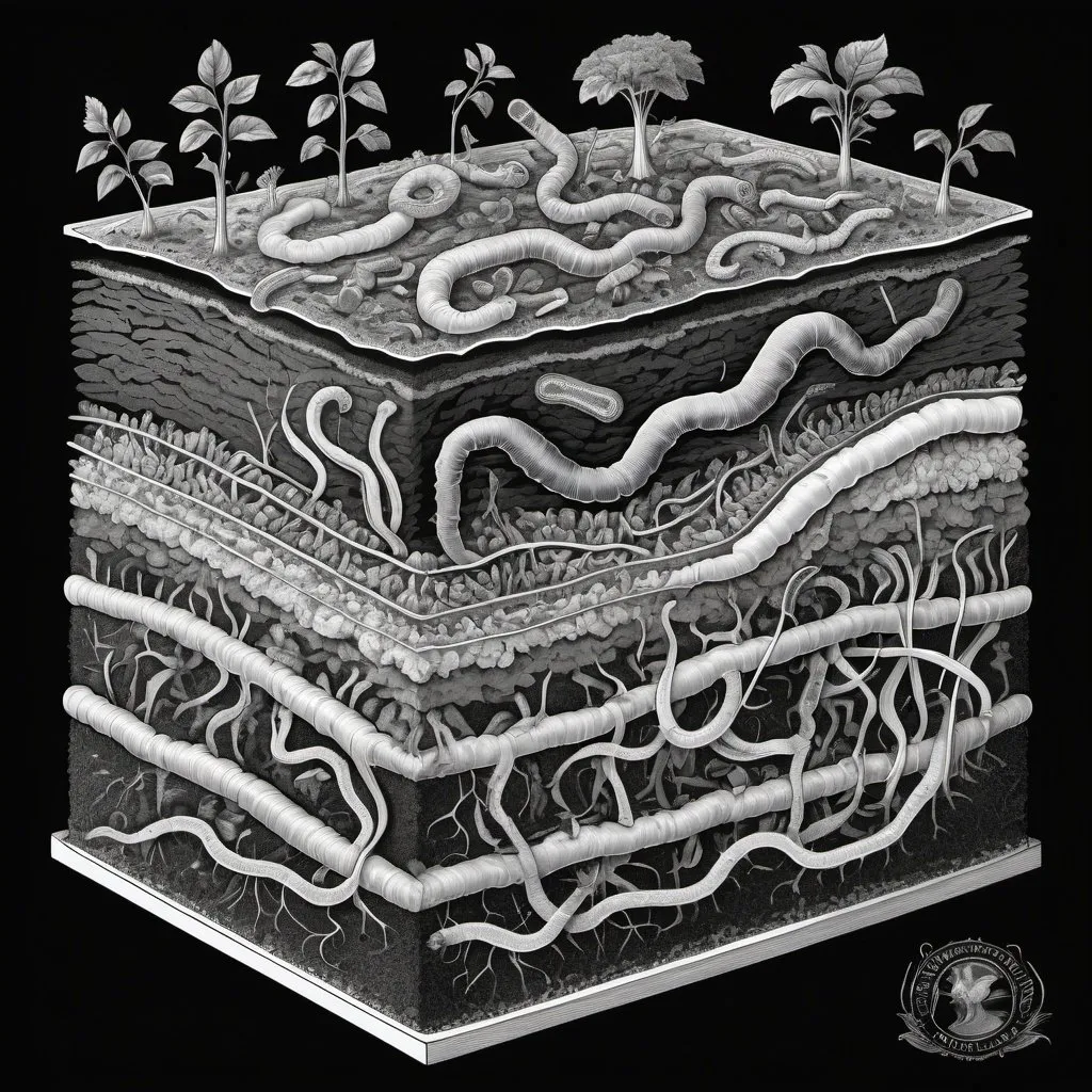 Prompt: Vermicompost diagram, black and white, detailed worm anatomy, organic matter decomposition, high contrast, scientific illustration, informative, monochrome, intricate details, no color, educational, clear labeling, professional drawing