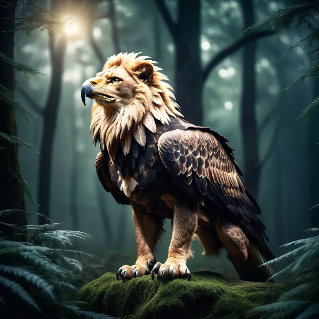 Prompt: Eagle-lion hybrid in a mystical forest, animal hybrid of an eagle and a lion, mix of lion and eagle, high quality, atmospheric lighting