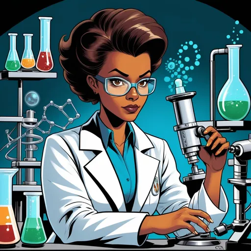 Prompt: Silk screen comic book illustration, female wizard wearing a lab coat, brown pompadour haircut, dark complexion, 2050s futurism, bioengineer, mad scientist, entrepreneur, laboratory worker, microscope, beaker, dna, woman